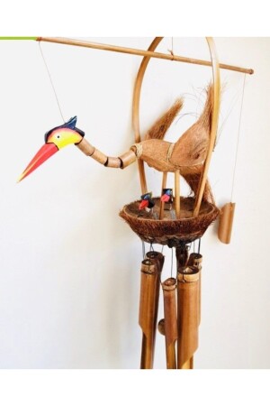 Ahşap Bambu Rüzgar Çanı Yavrulu Leylek - Saybil's