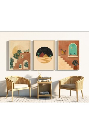 Ahşap Çerçeveli 3 Lü Soyut Tablo bohomö - woodhomeworks