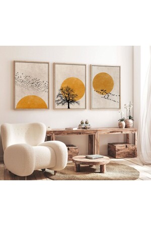 Ahşap Çerçeveli Güneş Kuş Desenli 3’lü Tablo Huhu147 - Huhuli