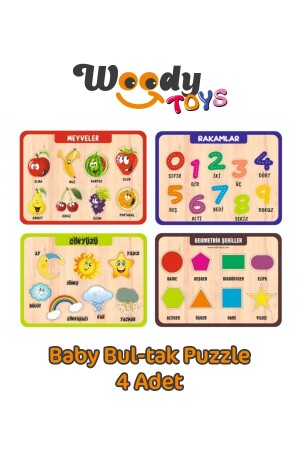Ahşap Çocuk Bultak Puzzle Yapboz 4'lü Set Gökyüzü-Şekiller-Meyveler-Sayılar - Woody Toys
