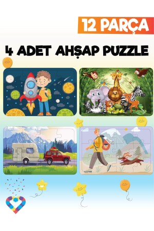 Ahşap Çocuk Puzzle 12 Parça 4 Adet - 1