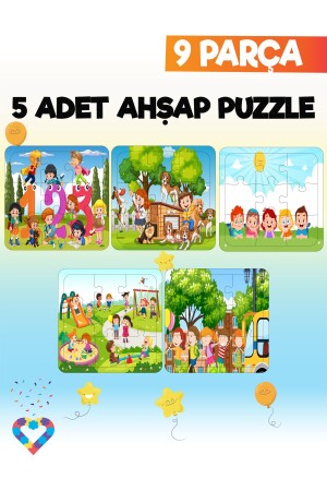 Ahşap Çocuk Puzzle 9 Parça 5 Adet - 1