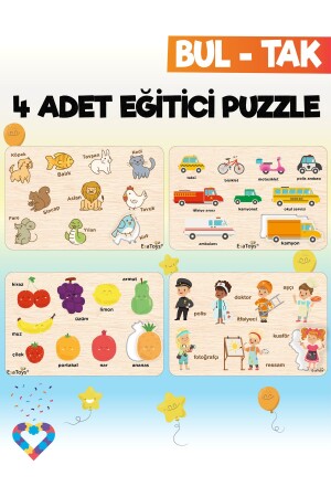 Ahşap Çocuk Puzzle Hayvanlar Taşıtlar Meslekler Ve Meyveler 4 Adet Puzzle - 1