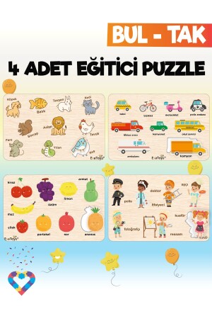 Ahşap Çocuk Puzzle Hayvanlar Taşıtlar Meslekler Ve Meyveler 4 Adet Puzzle EsaPuzzle001 - 1