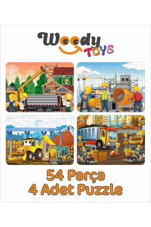 Ahşap Çocuk Puzzle Yapboz 4'lü Parça 54 Parça - Iş Makinaları puzzle004 - 2