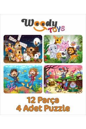 Ahşap Çocuk Puzzle Yapboz 4'lü Set 12 Parça - Cüceler- Hayvanlar- Denizaltı- Çiftlik - 1