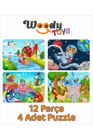 Ahşap Çocuk Puzzle Yapboz 4'lü Set 12 Parça - Denizaltı- Hayvanlar- Değirmen- Astronot Kedi - Woody Toys