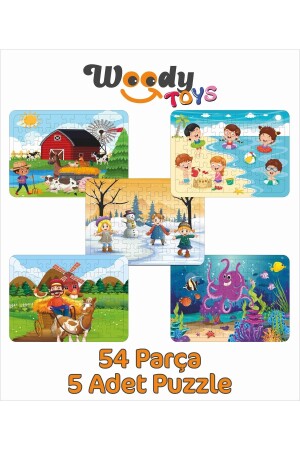 Ahşap Çocuk Puzzle Yapboz 5'li Set 54 Parça - Denizaltı, Çiftlik, Karda Oyun, Deniz puzzle025 - 3