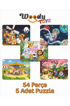 Ahşap Çocuk Puzzle Yapboz 5'li Set 54 Parça puzzle028 - 1