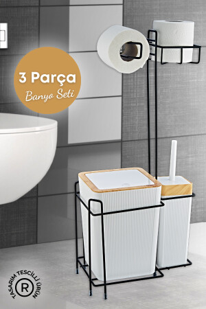 Ahşap Desenli Metal Standlı Yedekli Wc Kağıtlık Banyo Seti Beyaz 3 Adet Duş Lifi Hediye GM00341 - 2