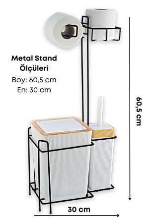 Ahşap Desenli Metal Standlı Yedekli Wc Kağıtlık Banyo Seti Beyaz 3 Adet Duş Lifi Hediye GM00341 - 4