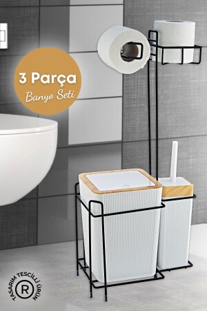Ahşap Desenli Metal Standlı Yedekli Wc Kağıtlık Banyo Seti Beyaz 3 Adet Duş Lifi Hediye GM00341 - 1