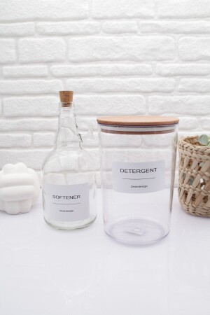 Behälter/Box für Pulverwaschmittel mit Holzdeckel 2300 ml und Weichspülerflasche mit Korkdeckel 1000 ml - Zezedesing