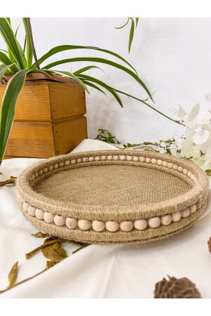 Ahşap Küçük Boncuklu 25 Cm Hasır Doğal Rafya-jüt Tepsi, Dekoratif Tepsi, Banyo, Ev, Dekor Tepsi TPS02304 - homeyandlovey
