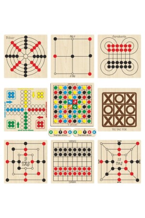 Ahşap Oyun Seti 9 Lu, Atla Topla-kızma Birader-dama-3 Taş-9 Taş-12 Taş-bihar-surakarta-tic-tac-toe eticset254 - 2