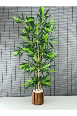 Ahşap Saksılı Yapay Yoğun Yapraklı Dekoratif Bambu Ağacı 3 Gövde 110cm %100 Orjinal Bambu Gövde - 1