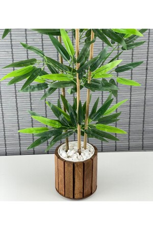 Ahşap Saksılı Yapay Yoğun Yapraklı Dekoratif Bambu Ağacı 3 Gövde 110cm %100 Orjinal Bambu Gövde - 2