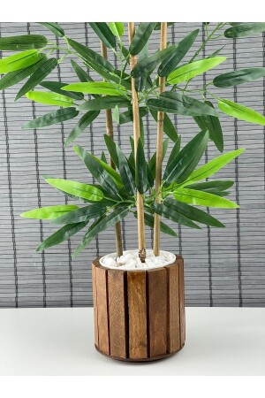 Ahşap Saksılı Yapay Yoğun Yapraklı Dekoratif Bambu Ağacı 3 Gövde 110cm %100 Orjinal Bambu Gövde - 3
