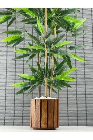 Ahşap Saksılı Yapay Yoğun Yapraklı Dekoratif Bambu Ağacı 3 Gövde 110cm %100 Orjinal Bambu Gövde - 4