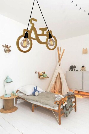 Ahşap Wooden Bisiklet Sarkıt Avize Ahşap Lüks Rustik Modern Dekoratif Kız Çocuk Odası Avize NTRLBSKL1 - 7