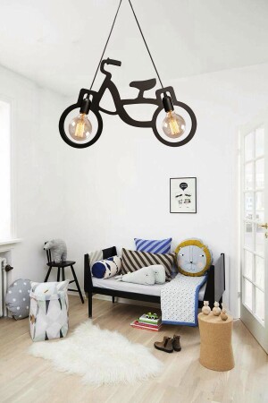 Ahşap Wooden Siyah Bisiklet Sarkıt Avize Ahşap Lüks Rustik Modern Dekoratif Lamba Çocuk Odası Avize - 3