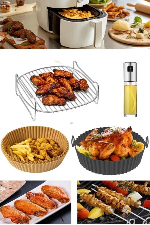 Airfryer 4 Parça Xxl Uyumlu 22 Cm Izgara Seti Pişirme Kabı Sprey Yağdanlık Yanmaz Kağıt Mairfryer XL XXL 4 lü Set - 2