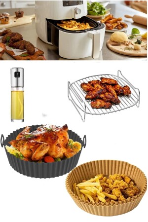 Airfryer 4 Parça Xxl Uyumlu 22 Cm Izgara Seti Pişirme Kabı Sprey Yağdanlık Yanmaz Kağıt Mairfryer XL XXL 4 lü Set - 3