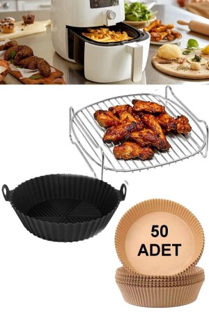 Airfryer Grilldraht Kochen Silikonbehälter Backpapier Fritteuse Edelstahl Grilldraht Grill+Silikonbehälter+Papier - 2