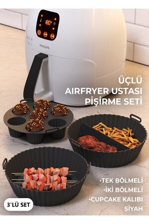 Airfryer Ustası Pişirme Seti 3'lü Silikon Pişirme Kabı Kalıbı Kağıdı HYD-8767715-963432 - 2