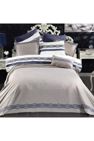 Alaçatı Beige/blaues Doppelbett-Bettbezug-Tagesdecken-Set NGO-6478 - 2