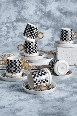 Kaffeetassen-Set aus Porzellan mit Mandel-Schachbrettmuster und Goldgriff für 6 Personen 0125 MXG-22-0125/12 - ACAR
