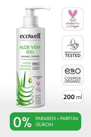 Aloe Vera Gel, biologisch und vegan zertifiziert, beruhigend, feuchtigkeitsspendend und entspannend nach der Sonne 200 ml K-ECO-3422 - Ecowell