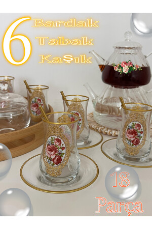 Altın Gül Desenli 6 Kişilik Çay Seti 6 Person Tea Set 000576 - 6