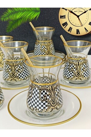 Altın Siyah Beyaz Kare Desenli 6 Kişillik Çay Seti 6 Person Tea Set 0007111 - 1