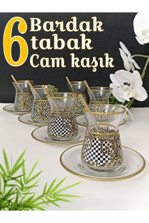 Altın Siyah Beyaz Kare Desenli 6 Kişillik Çay Seti 6 Person Tea Set 0007111 - 5