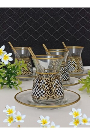 Altın Siyah Beyaz Kare Desenli 6 Kişillik Çay Seti 6 Person Tea Set 0007111 - 6