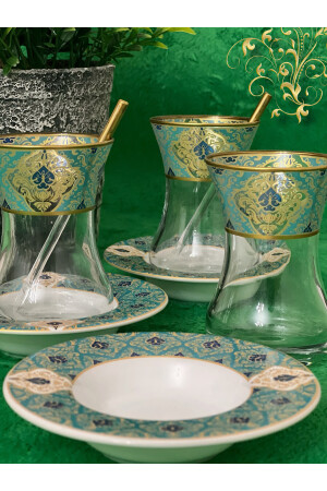 Altın Yeşil Desen Işlemeli 6 Kişilik Cam Porselen Çay Seti Tea Set For 6 Persons Premium Porcelain 1761008 - 7