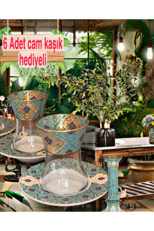 Altın Yeşil Desen Işlemeli 6 Kişilik Cam Porselen Çay Seti Tea Set For 6 Persons Premium Porcelain 1761008 - 8