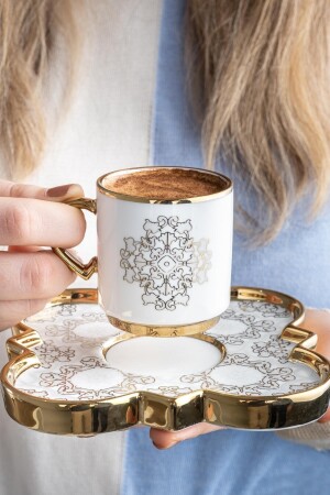 Amara Etnik Papatya Desen Gold Yaldız 6 Kişilik 90ml Porselen Kahve Fincanı Takımı 0151 SCT-22-0151/8 - 4