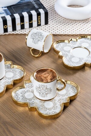 Amara Etnik Papatya Desen Gold Yaldız 6 Kişilik 90ml Porselen Kahve Fincanı Takımı 0151 SCT-22-0151/8 - 1