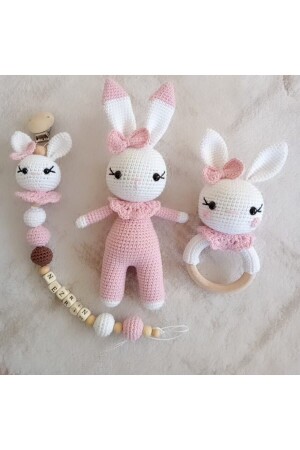 Amigurumi Pembe Hediyelik Tavan Emzik Zinciri Çıngırak Uyku Arkadaşı Set Ust62 - 3