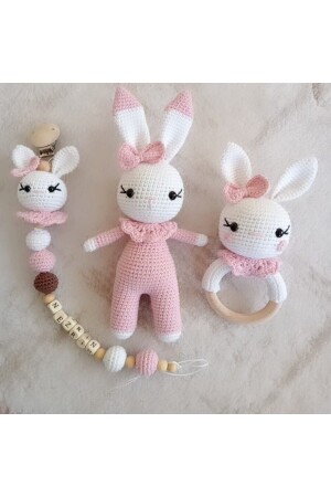 Amigurumi Rosa Geschenk Decke Schnullerkette Rassel Schlafbegleiter Set Ust62 - 4