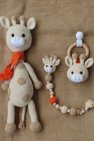 Amigurumi Yenidoğan Hediyelik Uyku Arkadaşı Organik Zürafa, Çıngırak, Emzik Zinciri Set KRHZÇES - 2