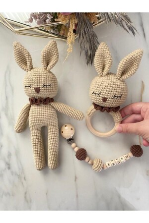 Amigurumi Yenidoğan Tavşan Uyku Arkadaşı Çıngırak Emzik Zinciri Örgü - 1