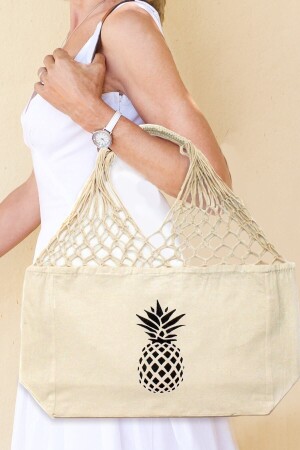 Ananas bedruckte Strandtasche, Rohstofftasche mit Makramee-Aufhänger - 1