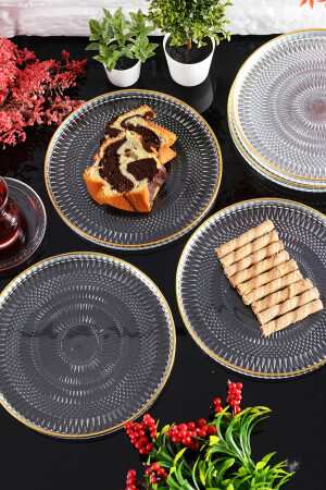 Angdesign Marsilya Cam Pasta-kek-tatlı Tabağı 6'lı Şeffaf/kenarı Altın Yaldızlı-21 Cm 50300 - 1