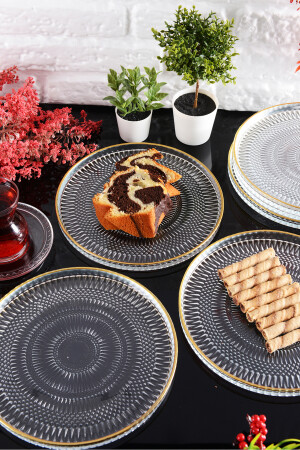 Angdesign Marsilya Cam Pasta-kek-tatlı Tabağı 6'lı Şeffaf/kenarı Altın Yaldızlı-21 Cm 50300 - 4