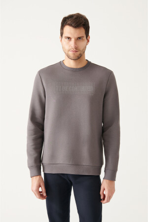 Anthrazitfarbenes Herren-Sweatshirt mit Rundhalsausschnitt und 3-fädigem Fleece-Aufdruck in normaler Passform A22Y1129 - 3