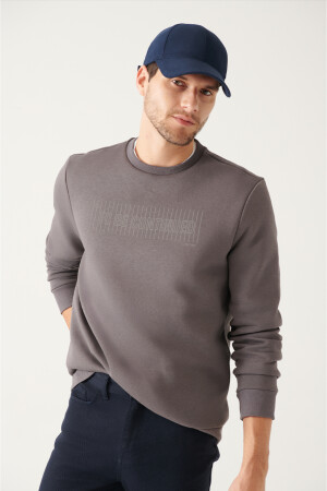 Anthrazitfarbenes Herren-Sweatshirt mit Rundhalsausschnitt und 3-fädigem Fleece-Aufdruck in normaler Passform A22Y1129 - 5