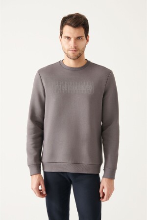 Anthrazitfarbenes Herren-Sweatshirt mit Rundhalsausschnitt und 3-fädigem Fleece-Aufdruck in normaler Passform A22Y1129 - 2